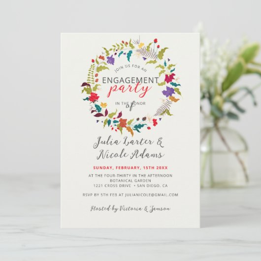エキゾチックウッドワイルドフラワーリース婚約パーティ 招待状 (スタンド正面)