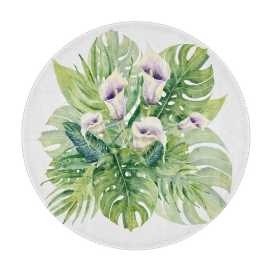 エキゾチックエレガントなカラフラワーと熱帯葉の カッティングボード (正面)