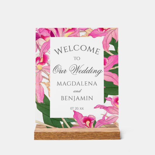 エキゾチックエレガントなピンクの蘭の花結婚の歓迎 アクリルサイン (正面)