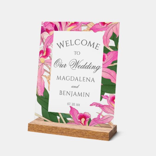 エキゾチックエレガントなピンクの蘭の花結婚の歓迎 アクリルサイン (傾斜)