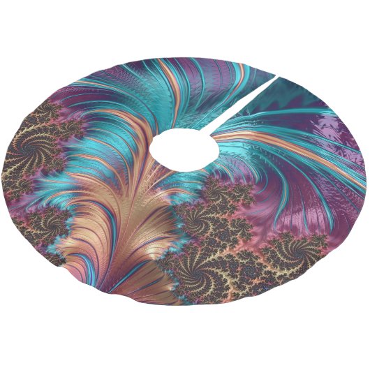 エキゾチックエレガント抽象芸術フェザーティール(緑がかった色)パープル ブラッシュドポリエステルツリースカート (アングル)