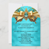 エキゾチックエレガント誕生日ティール（緑がかった色）金ゴールドジュエルバタフライ 招待状 (裏面)