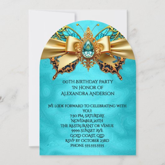 エキゾチックエレガント誕生日ティール（緑がかった色）金ゴールドジュエルバタフライ 招待状 (裏面)