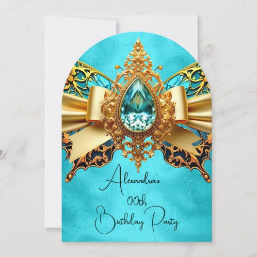 エキゾチックエレガント誕生日ティール（緑がかった色）金ゴールドジュエルバタフライ 招待状 (正面)