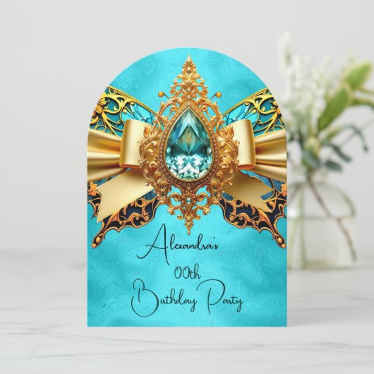 エキゾチックエレガント誕生日ティール（緑がかった色）金ゴールドジュエルバタフライ 招待状 (スタンド正面)