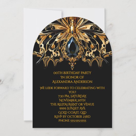 エキゾチックエレガント誕生日ブラック金ゴールドジュエルバタフライ 招待状 (裏面)