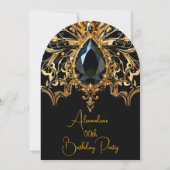 エキゾチックエレガント誕生日ブラック金ゴールドジュエルバタフライ 招待状 (正面)