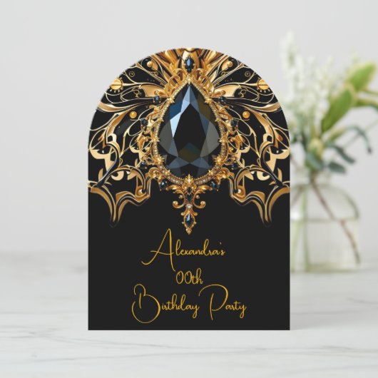 エキゾチックエレガント誕生日ブラック金ゴールドジュエルバタフライ 招待状 (スタンド正面)