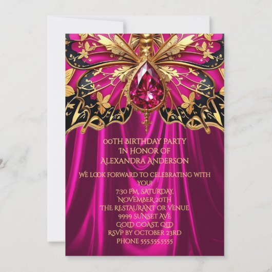 エキゾチックエレガント誕生日ホットピンク金ゴールド宝石 招待状 (裏面)