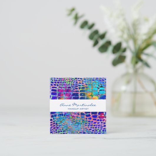 エキゾチックカラフルなヘビ革プリント スクエア名刺 (スタンド正面)