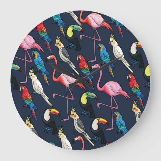 エキゾチックカラフルな鳥のダークパターン ラージ壁時計 (正面)