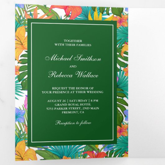 エキゾチックカラフルトロピカルガーデン結婚フォト 三つ折り招待状 (内部最初)