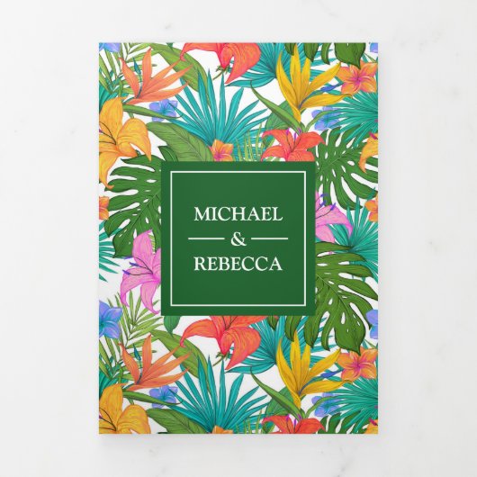 エキゾチックカラフルトロピカルガーデン結婚フォト 三つ折り招待状 (カバー)