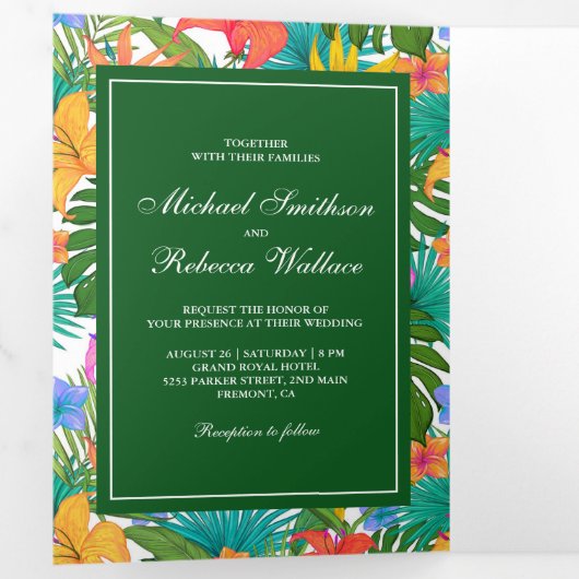 エキゾチックカラフルトロピカルガーデン結婚フォト 三つ折り招待状 (内部最初)