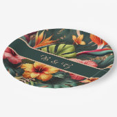 エキゾチックカラフルハワイアン熱帯結婚のモノグラム ペーパープレート (アングル)