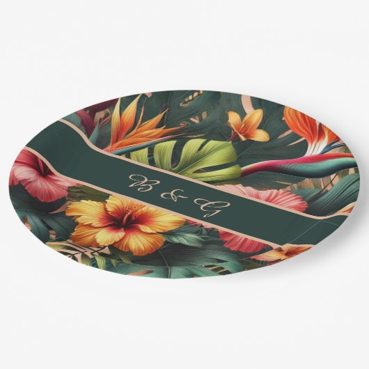 エキゾチックカラフルハワイアン熱帯結婚のモノグラム ペーパープレート (アングル)