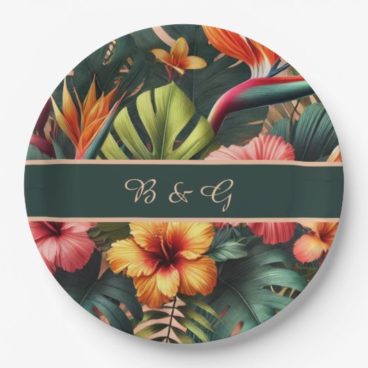 エキゾチックカラフルハワイアン熱帯結婚のモノグラム ペーパープレート (正面)