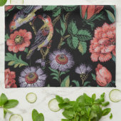 エキゾチックカラフルフローラとバードブラック背景 キッチンタオル (折り畳み)