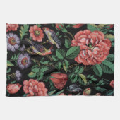 エキゾチックカラフルフローラとバードブラック背景 キッチンタオル (横)