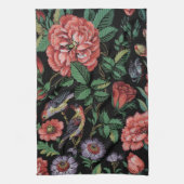 エキゾチックカラフルフローラとバードブラック背景 キッチンタオル (縦)