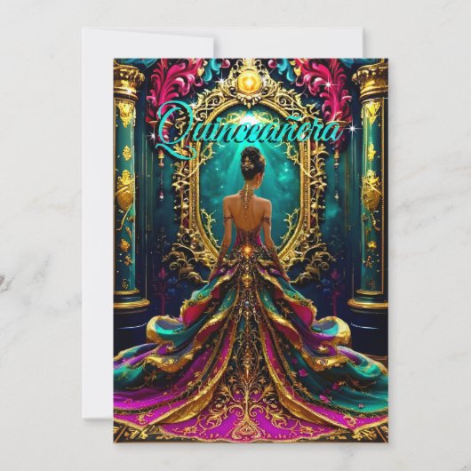 エキゾチックキンセアニェラ15th誕生日ティール（緑がかった色）金ゴールドマジカル 招待状 (正面)