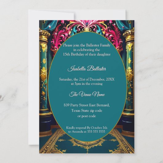 エキゾチックキンセアニェラ15th誕生日ティール（緑がかった色）金ゴールドマジカル 招待状 (裏面)