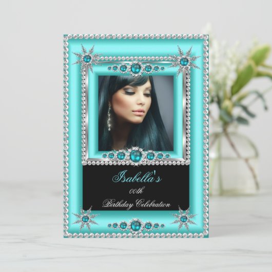 エキゾチックティール(緑がかった色)ブルーアクアスノーフレークフォト誕生日 招待状 (スタンド正面)