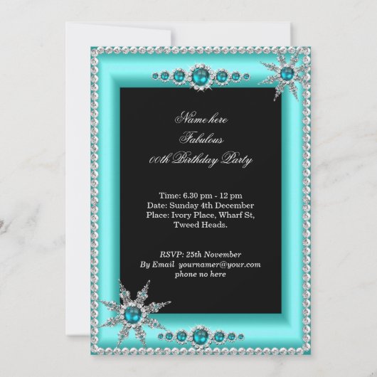 エキゾチックティール(緑がかった色)ブルーアクアスノーフレークフォト誕生日 招待状 (裏面)