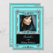 エキゾチックティール（緑がかった色）ブルーアクアスノーフレークフォト誕生日 招待状 (正面/裏面)