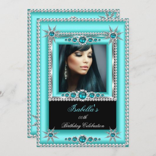 エキゾチックティール(緑がかった色)ブルーアクアスノーフレークフォト誕生日 招待状 (正面/裏面)