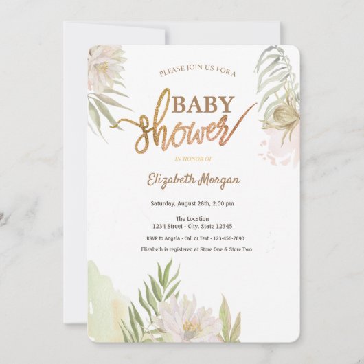 エキゾチックトロピカルフラワーズリーブベイビーシャワー 招待状 (正面)