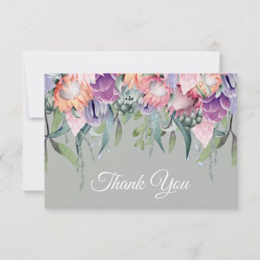 エキゾチックトロピカル ウォーターカラー プロテア フラワー ウェディング サンキューカード (正面)