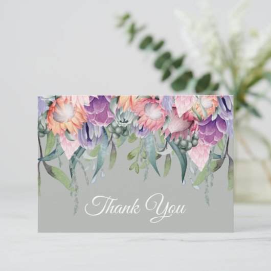 エキゾチックトロピカル ウォーターカラー プロテア フラワー ウェディング サンキューカード (スタンド正面)