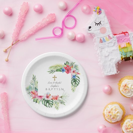 エキゾチックハワイアン熱帯フローラフレームバプテスマ ペーパープレート (パーティー)