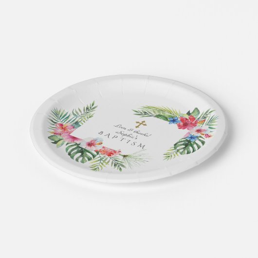 エキゾチックハワイアン熱帯フローラフレームバプテスマ ペーパープレート (アングル)