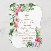 エキゾチックハワイアン熱帯フローラフレームバプテスマ 招待状 (正面/裏面)