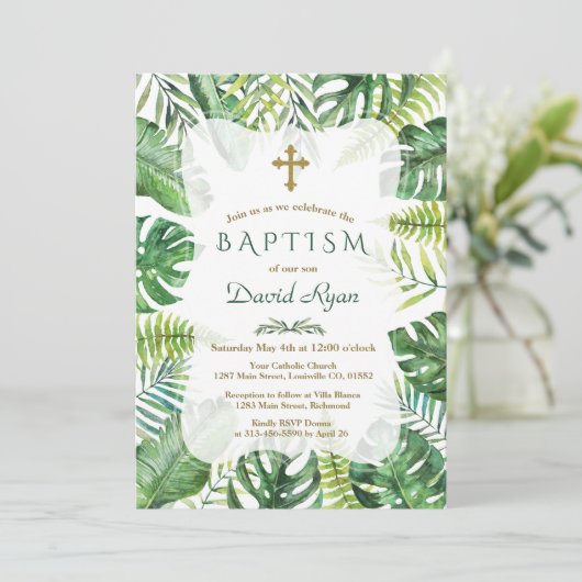 エキゾチックハワイアン熱帯緑のフレームバプテスマ 招待状 (スタンド正面)