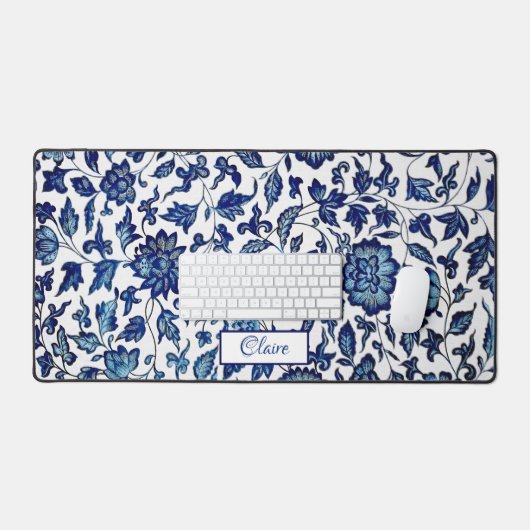 エキゾチックパーソナライズされたシックブルー&ホワイトフローラ デスクマット (キーボード&マウス)