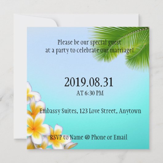 エキゾチックビーチ写真の後のウェディングレセプション招待状 招待状 (裏面)