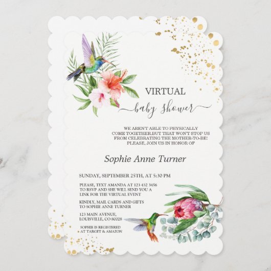 エキゾチックフローラハミングバードバーチャルベビーシャワー 招待状 (正面/裏面)