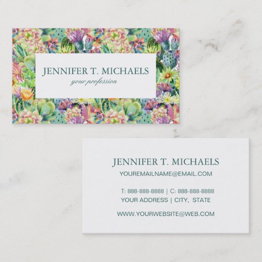 エキゾチックブルーミング水彩サボテン模様 名刺 (正面/裏面)