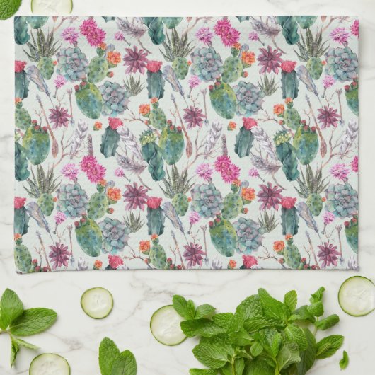 エキゾチックボホ水彩サボテン&サククレントパターン キッチンタオル (折り畳み)