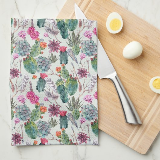 エキゾチックボホ水彩サボテン&サククレントパターン キッチンタオル (四つ折り)
