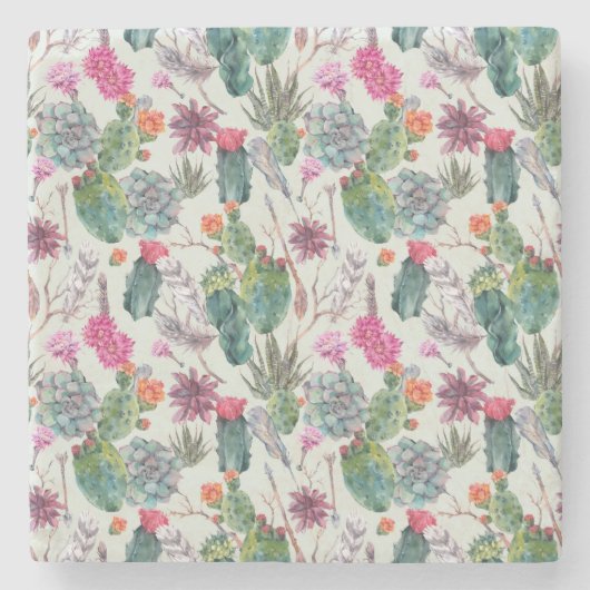 エキゾチックボホ水彩サボテン&サククレントパターン ストーンコースター (正面)