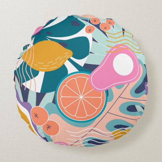 エキゾチックモダンなジャングルコラージュ。 ラウンドクッション (正面)