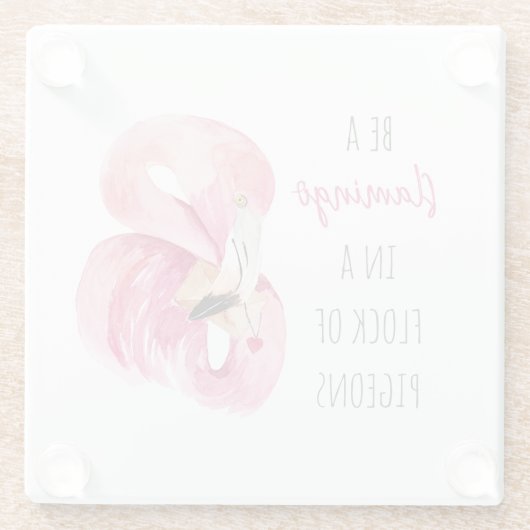 エキゾチックモダンなピンクの水の色のフラミンゴと引用文 ガラスコースター (裏面)