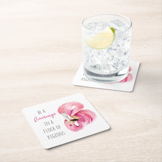 エキゾチックモダンなピンクの水の色のフラミンゴと引用文 スクエアペーパーコースター (インサイチュ)