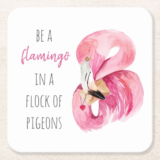 エキゾチックモダンなピンクの水の色のフラミンゴと引用文 スクエアペーパーコースター (正面)