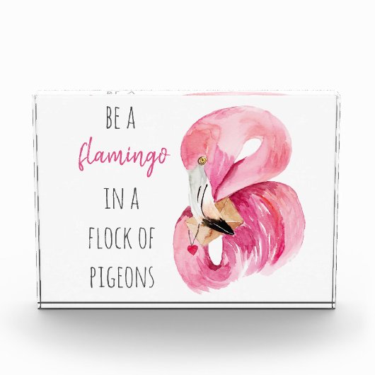 エキゾチックモダンなピンクの水の色のフラミンゴと引用文 フォトブロック (正面)