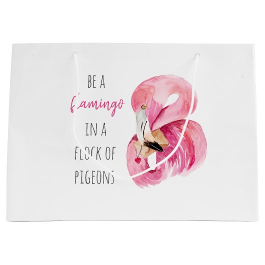エキゾチックモダンなピンクの水の色のフラミンゴと引用文 ラージペーパーバッグ (正面)